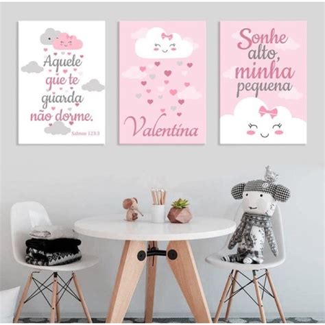 Kit Quadro Decorativo 3 peças 20x30 Menina Bebê Personalizado Nuvem