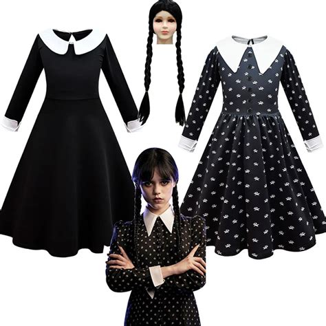 Addams família papel cosplay traje quarta feira vestido peruca cabelo