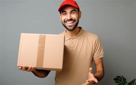 Premium Ai Image A Man In A Red Hat Holds A Box That Says A Box