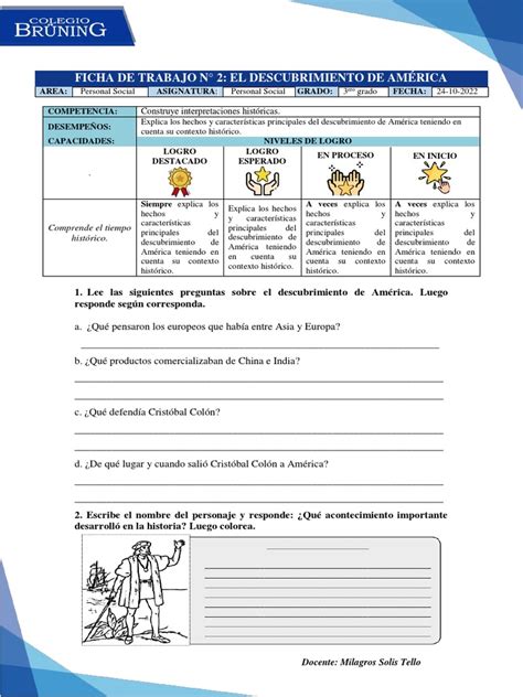 Ficha De Trabajo Personal Social Tercer Grado El Descubrimiento