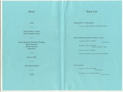 Menu Cardiff Rfc Annual Dinner 1988 Cardiff Rugby Museum