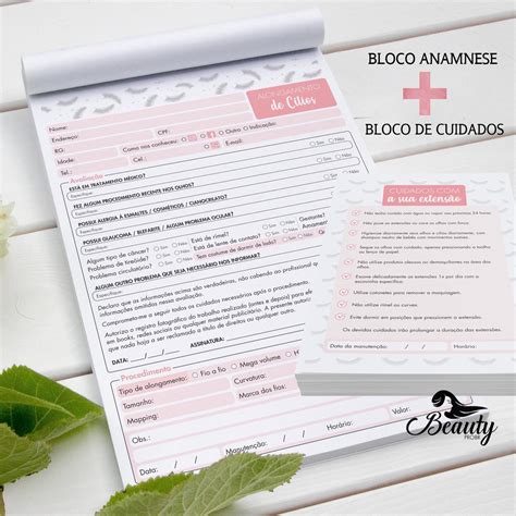 Kit Bloco Ficha De Anamnese Bloco De Cuidados Extens O De C Lios