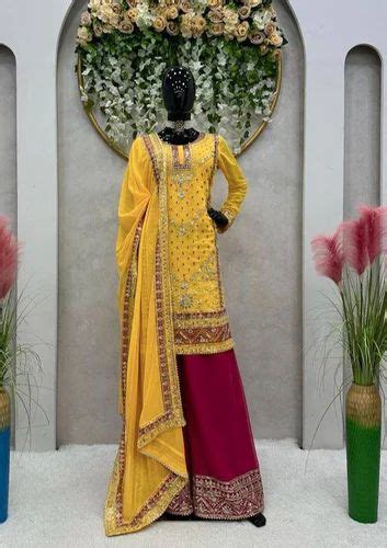 Fulpari New Fancy Yellow Color Sharara Suit Faux Georgette Fabric Thred