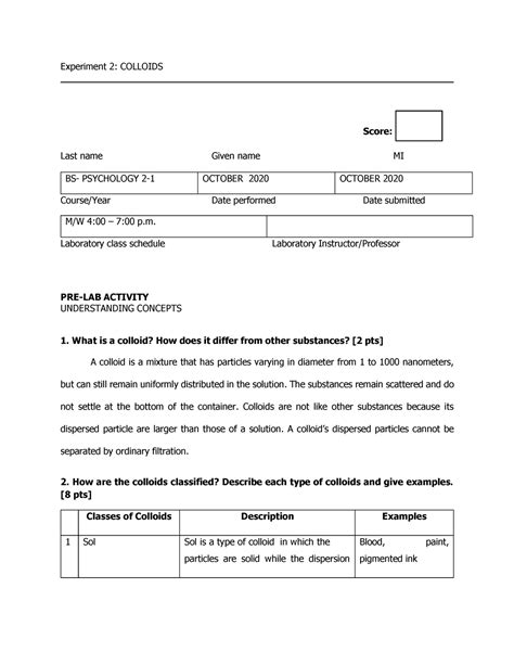 Colloids Pre Lab Activity Experiment 2 COLLOIDS Score Last Name