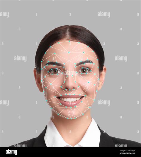 Facial Recognition System Young Woman With Biometric Identification