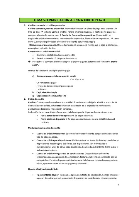 Tema 5 Financiación ajena a corto plazo TEMA 5 FINANCIACIÓN AJENA A