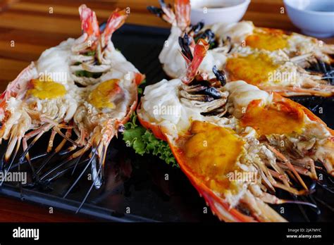 Cutting Half Grilled Giant River Prawn Famous Local Thai Luxury Fine Dinning Menu In Thailand