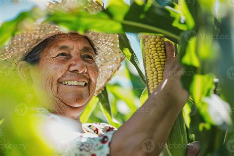 Happy Latina Woman Pointing At Corn Plant With Huitlacoche 46177919