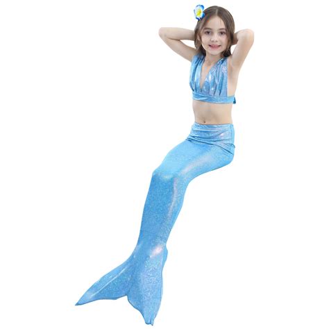 4pcs Set Swimmable Shiny Blue Mermaid Tail With Monofin Girls Swimsuit