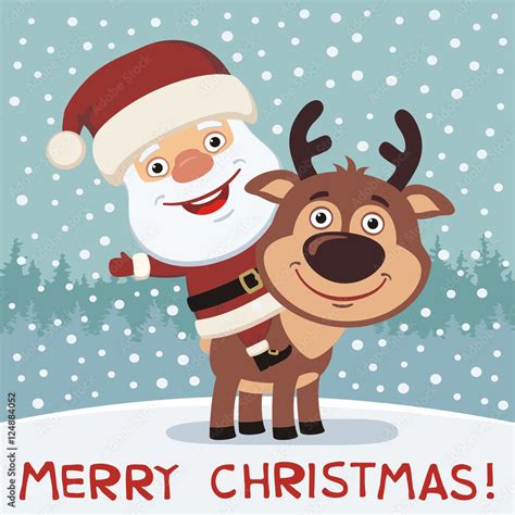 Merry Christmas Funny Santa Claus Riding On Reindeer Rudolf Christmas