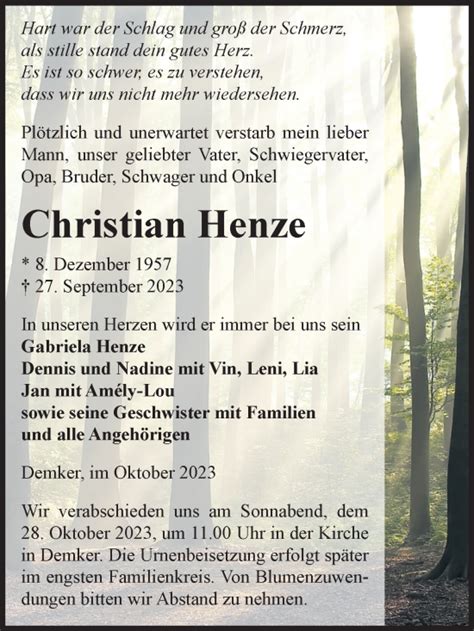 Traueranzeigen Von Christian Henze Abschied Nehmen De