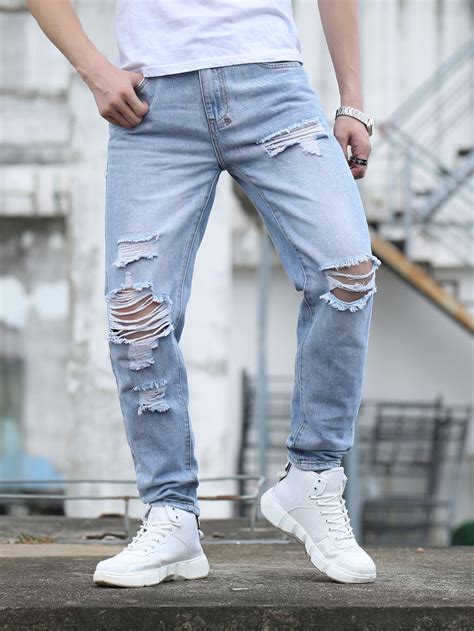 Men Ripped Straight Jeans Light Wash Denim