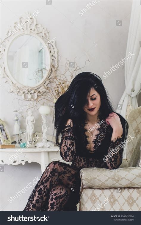 Sensual Brunette Woman Black Lace Peignoir Stock Photo Shutterstock