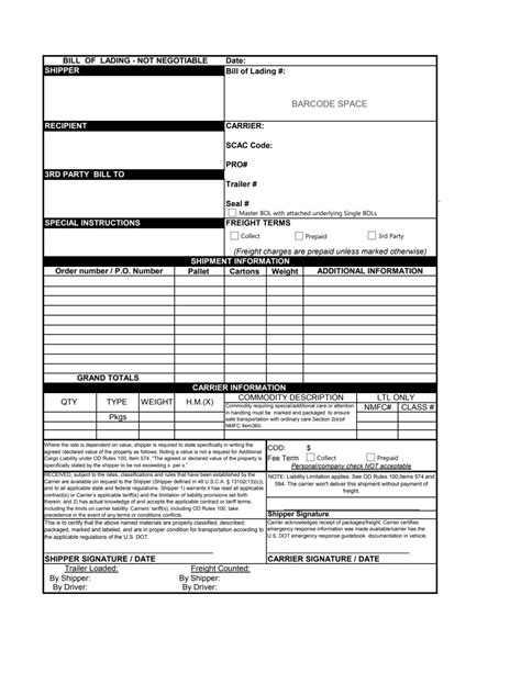 Online Bill Of Lading Templates Printable Free