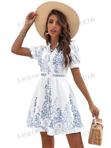 Shein Vcay Summer Woman Blue White Floral Print Puff Sleeves Button