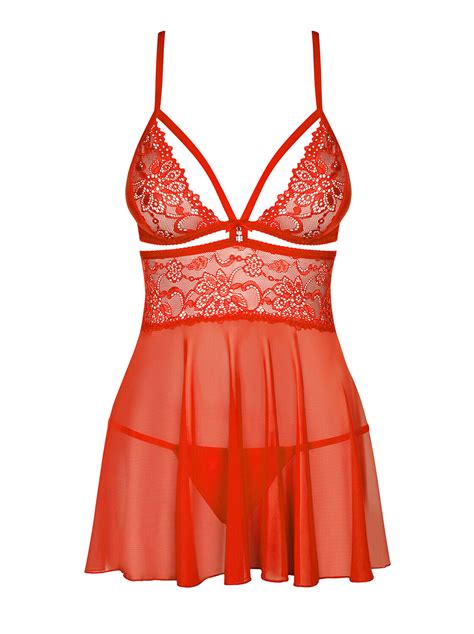 Sexy Nachtkleid Rot Spitze Neglige Dessous Kleid Nachtwäsche String S M