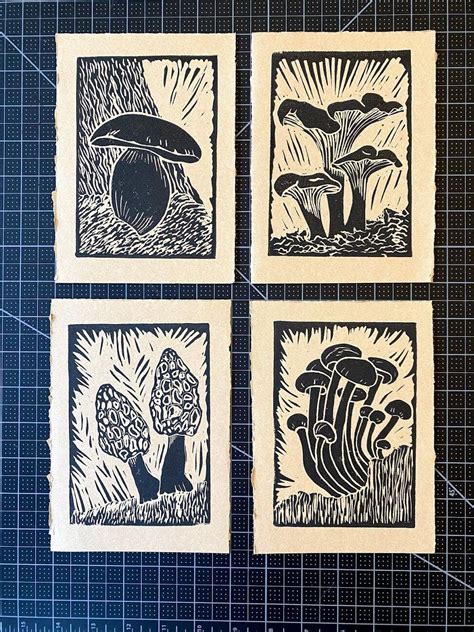 Mushrooms Set Of 4 Block Prints Linocut Print Series Of Etsy