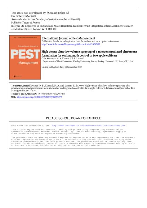 Pdf High Versus Ultra Low Volume Spraying Of A Microencapsulated Pheromone Formulation For