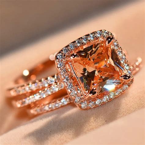 3 Pcs Set Rose Gold Wedding Rings For Women Cubic Zirconia Thin Engagement Ring Finger Bridal