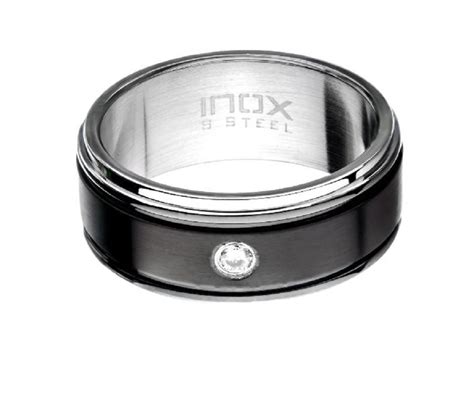 Inox Mens Polished Steel And Black Ip With Clear Cz Ring Size