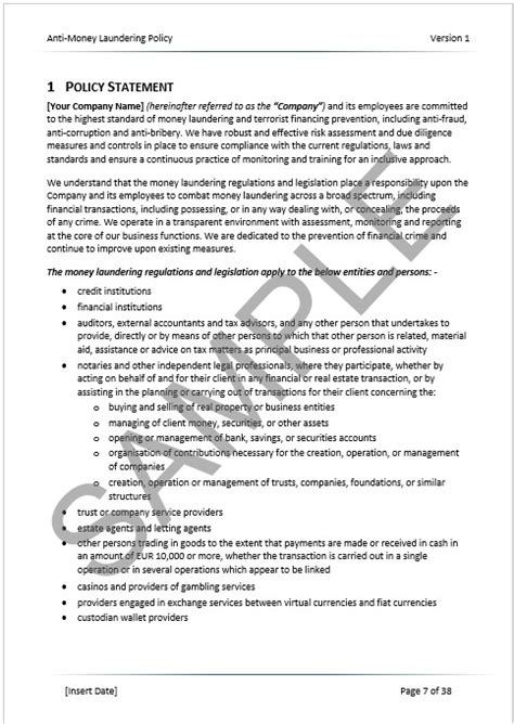 Anti Money Laundering Policy Template Aml Polcy Template