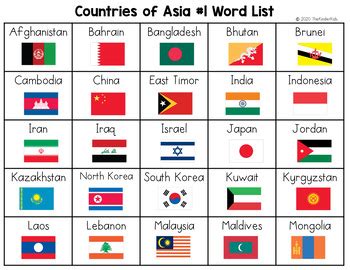 Countries of Asia Word List - Writing Center by The Kinder Kids | TpT