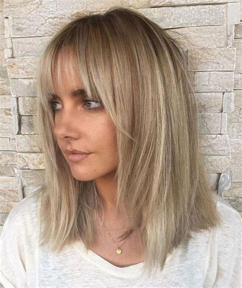 Ash Blonde Lob With Bangs Bangshairstyle Medium Hair Styles Medium