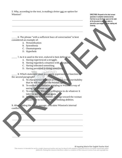 1984 Book 2 Chapter 1 Close Reading Worksheet Teaching Resources