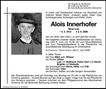 Traueranzeigen Von Alois Innerhofer Trauer Bz