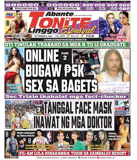 Tonite Front Page Balita Ngayong September Abante Tonite