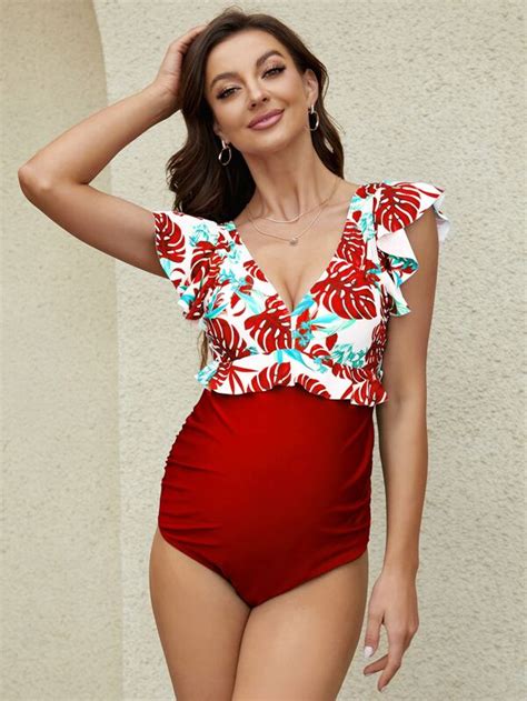 Shein Maternity Tropical Print Ruffle Trim Ruched Side One Piece