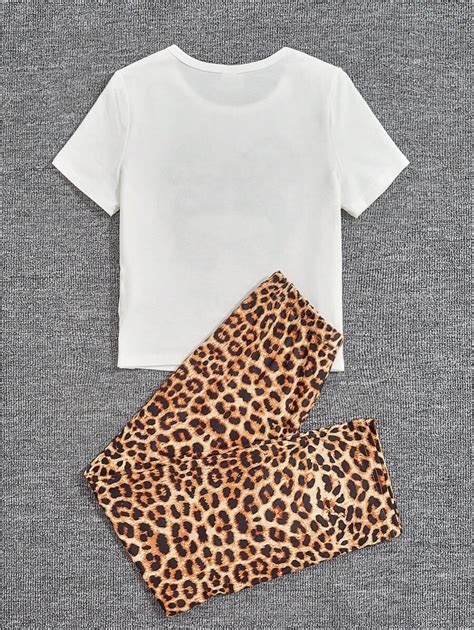 Shein Tween Girl Figure And Letter Graphic Tee And Leopard Print Pants Pj