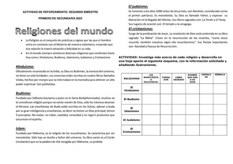 3BI Primero Religiones DEL Mundo ACTIVIDAD DE REFORZAMIENTO