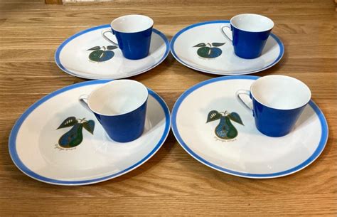 Sets Vtg Georges Briard Blue Apple Pear Forbidden Fruit Snack