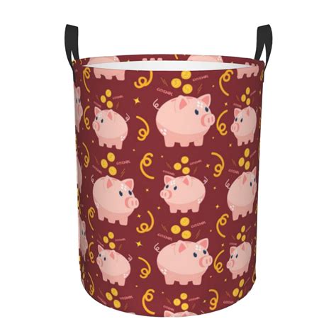 Coaee Cute Pig With Coins Laundry Basket With Handle Waterproof Round