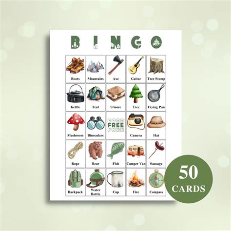 50 Printable Camping Bingo Cards Camping Themed Picture Bingo Cards