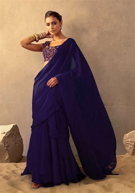 Buy Women Navy Blue Ruffled Pre Stitched Saree Set With Floral