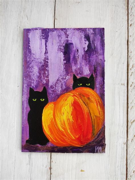 Black Cat Small Art Pumpkin Halloween Painting Thanksgiving - Etsy UK