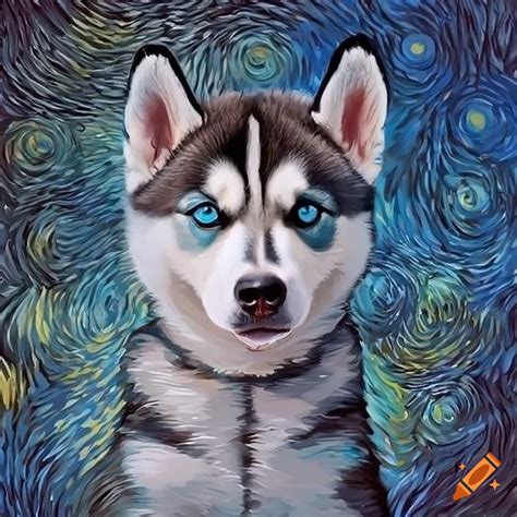 Hyper Detailed Artwork Of A Siberian Husky Puppy In Starry Night Style