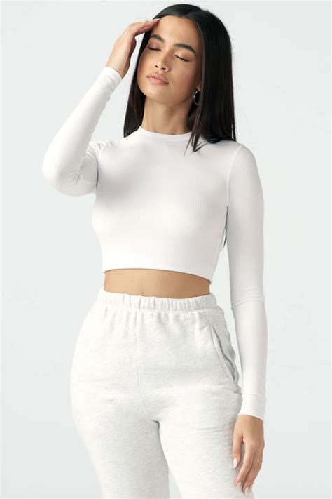 Cropped Crew Long Sleeve White Rib Joah Brown Long Sleeve Undershirts Crop Top Outfits