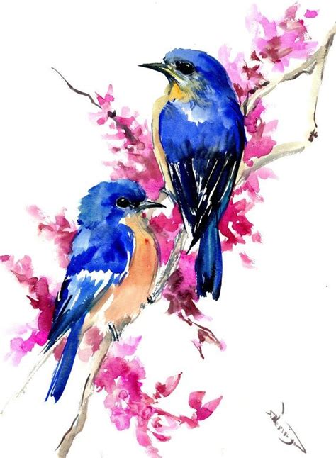 Bluebirds And Cherry Blossom Original Watercolor Painting Etsy