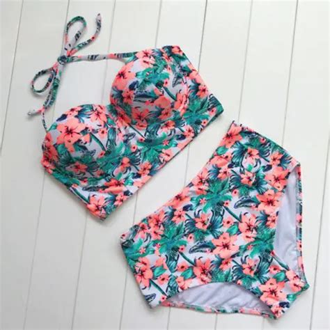 Sexy Women High Neck Floral Printing Hot Summer High Waist Bikini Push Up Padded Bra Swimsuit