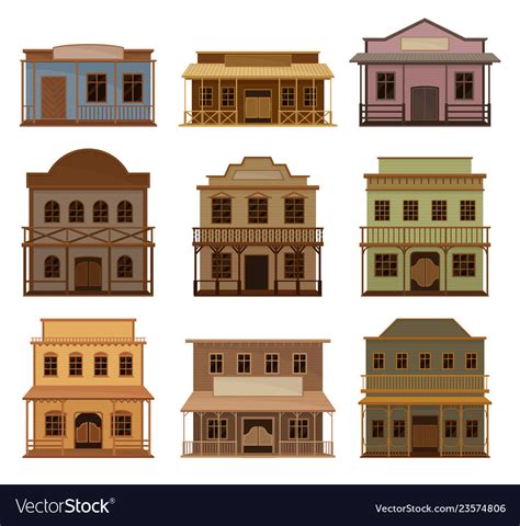 Flat Set Of Wooden Western Houses Old Royalty Free Vector