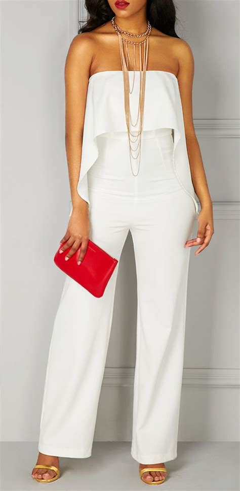 High Waist Ruffle Overlay Strapless All White Jumpsuit Party Jumpsuit