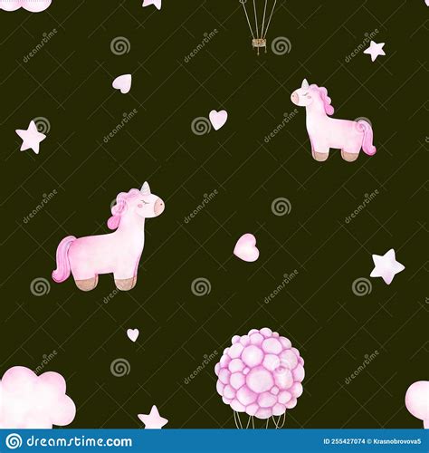 Watercolor Baby Seamless Pattern With Toy Pink Unicorn Hot Air Balloon Clouds And Stars Stock