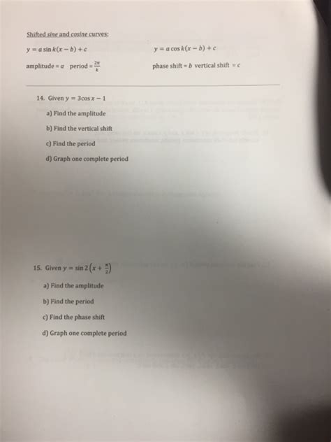 Solved Shifted Sine And Cosine Curves A Cos Kx B C Y Phase Chegg