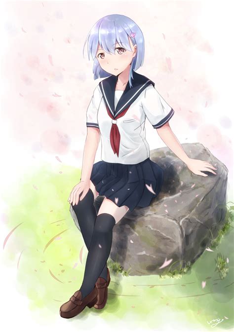 Safebooru 1girl Black Thighhighs Blue Hair Blue Sailor Collar Blue