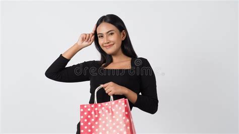 Woman Shopping Portrait Of Beautiful Girl Holding Shopping Bags Stock