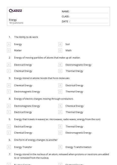 Energy Worksheets For Th Grade On Quizizz Free Printable