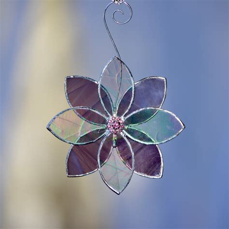 Suncatchers Stained Glass Suncatcher Flower Window Hanging ~ Glass Flower Mauve Purple And Clear